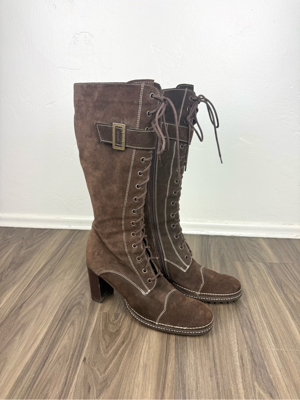 Barneys CO-OP Brown Suede Lace Up Buckle Knee High Boots 39 Italy Y2K